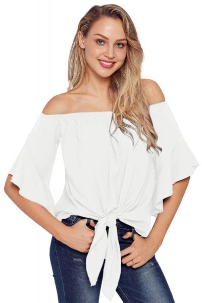 Hayden Women's 3/4 Bell Sleeve Off The Shoulder Front Tie Knot Tops Blouse White