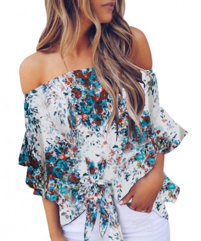 Letty Women's Off Shoulder Floral Print Tie 3/4 Sleeves Chiffon Blouse White