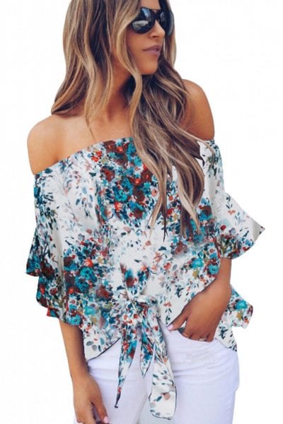 Letty Women's Off Shoulder Floral Print Tie 3/4 Sleeves Chiffon Blouse White