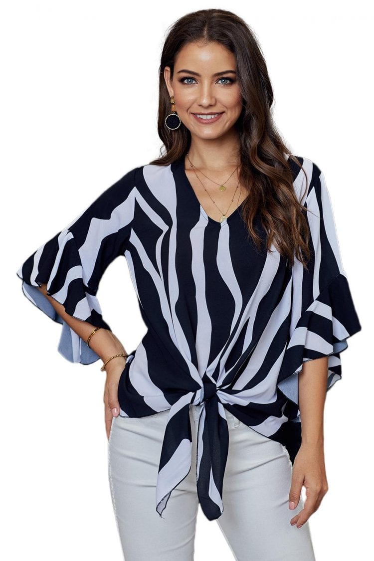 Lucinda Women's Stripes V Neck 3/4 Bell Sleeve Front Tie Blouse Top Black