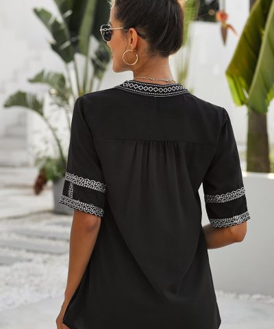 Milan Women Long Sleeve Boho Embroidered Shirt Tunic Tops Casual Blouses Black