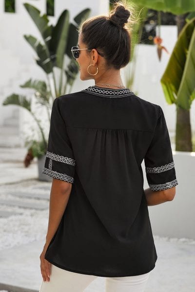 Milan Women Long Sleeve Boho Embroidered Shirt Tunic Tops Casual Blouses Black