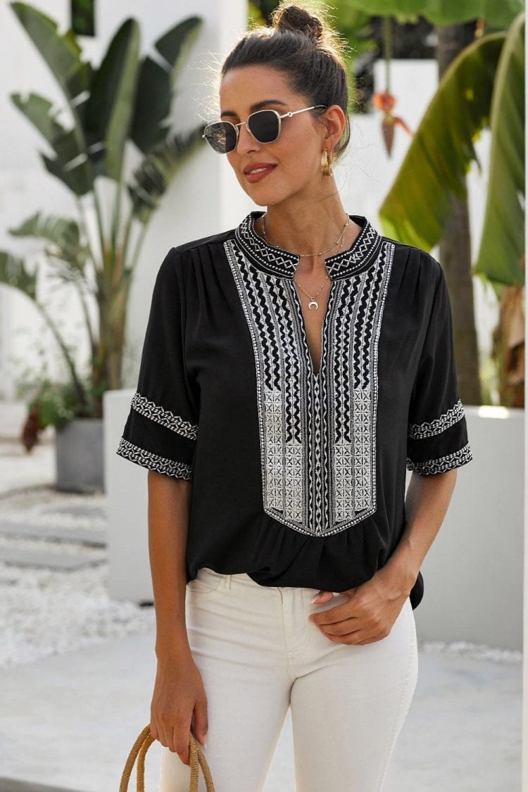 Milan Women Long Sleeve Boho Embroidered Shirt Tunic Tops Casual Blouses Black