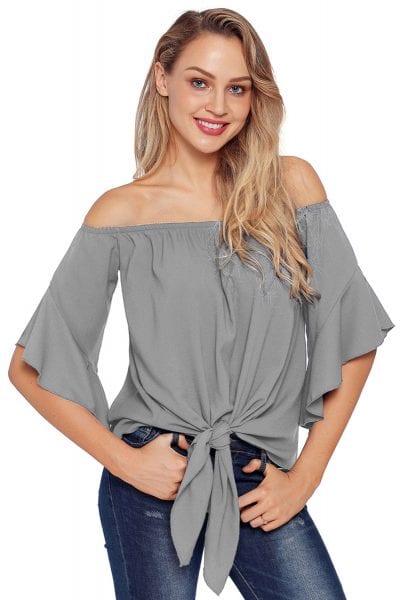 Hayden Women's 3/4 Bell Sleeve Off The Shoulder Front Tie Knot Tops Blouse White