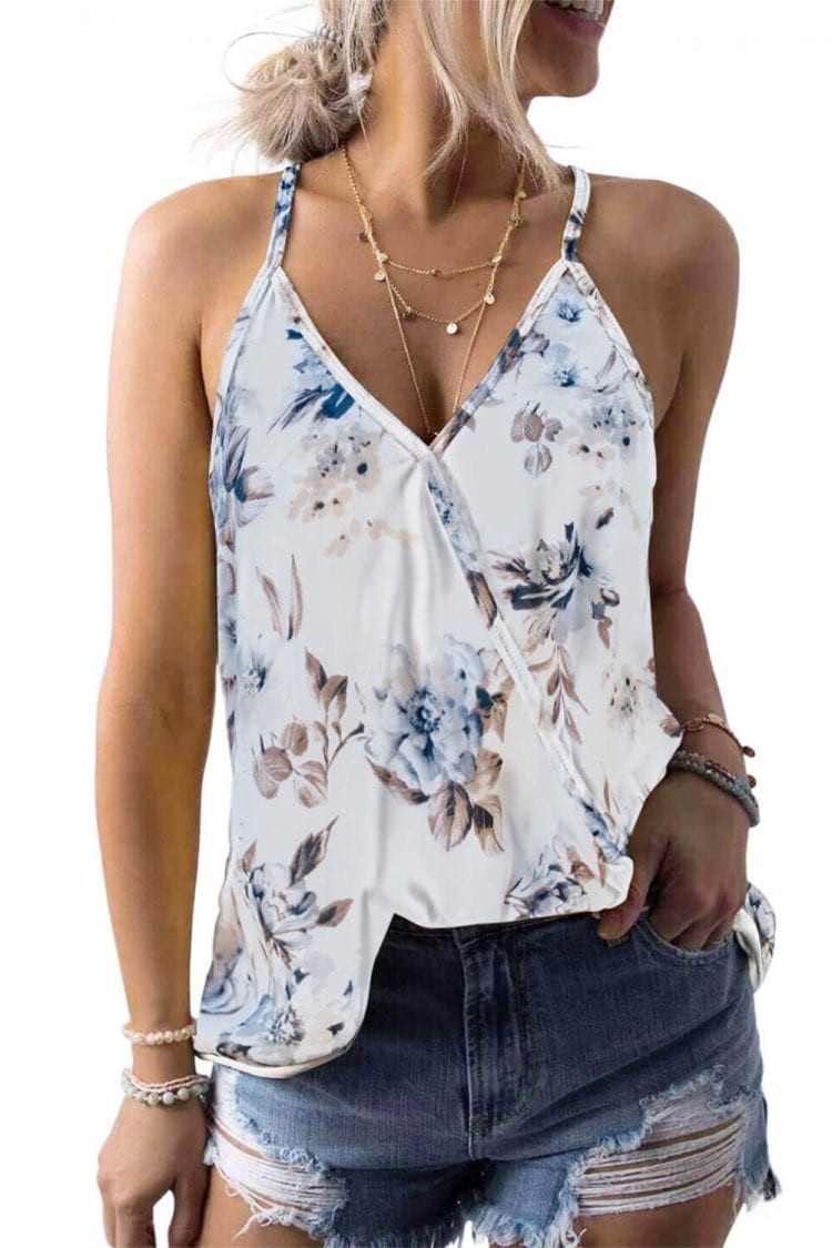 Aidy Women's Floral Print Sleeveless V-Neck Strappy Camisole Tank Top Blue