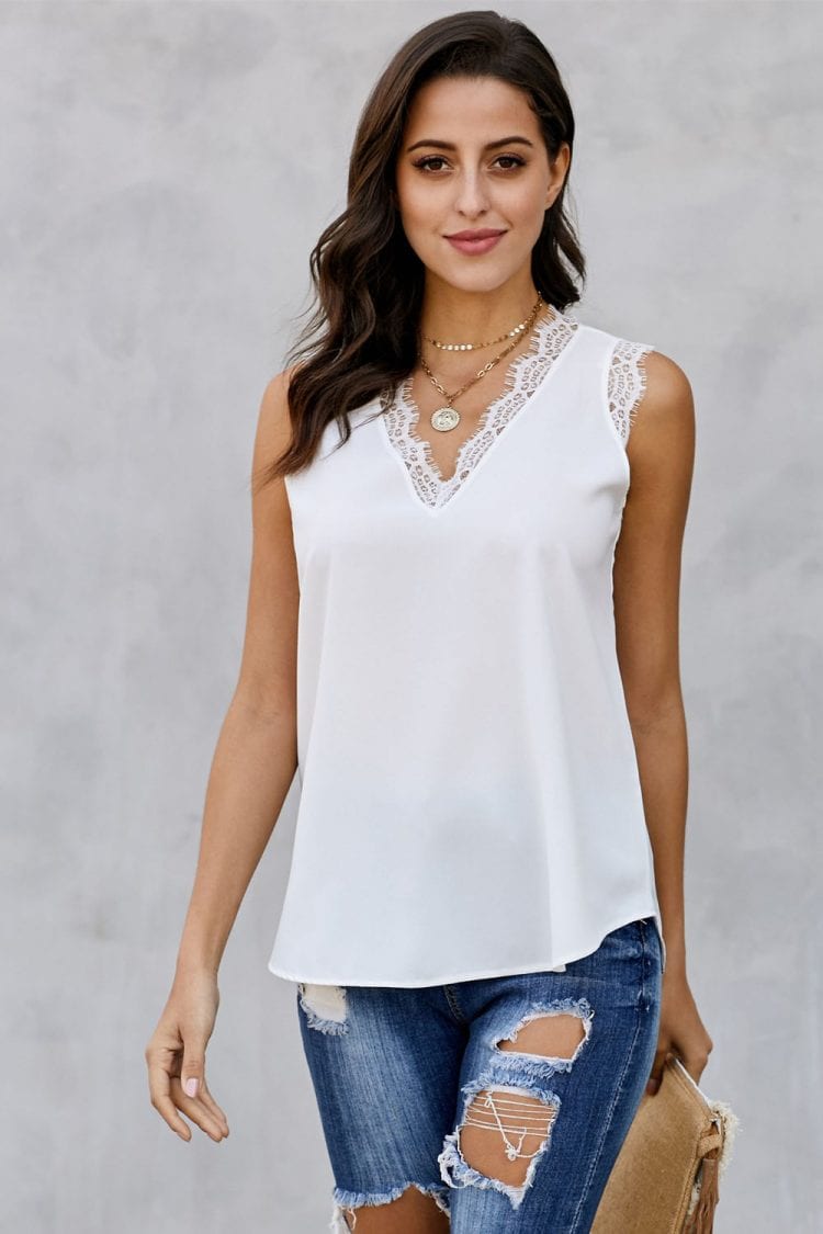 Pippa Women's V-Neck Sleeveless Eyelash Lace Tank Top White