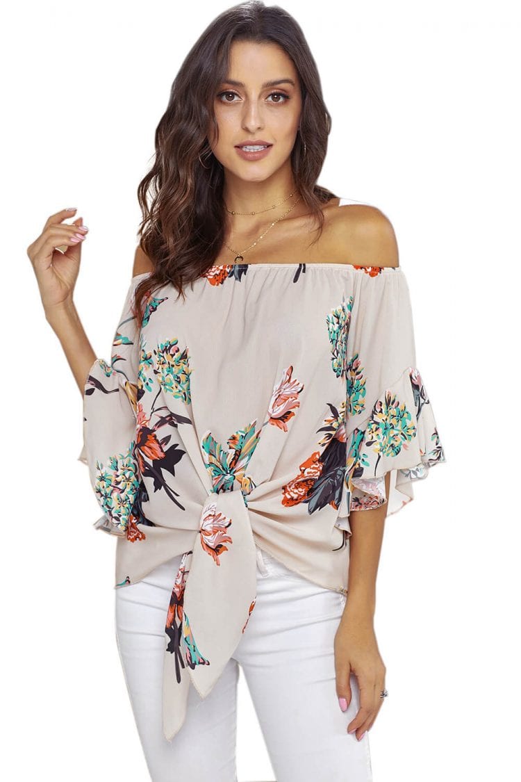 Letty Women's Off Shoulder Floral Print Tie 3/4 Sleeves Chiffon Blouse White