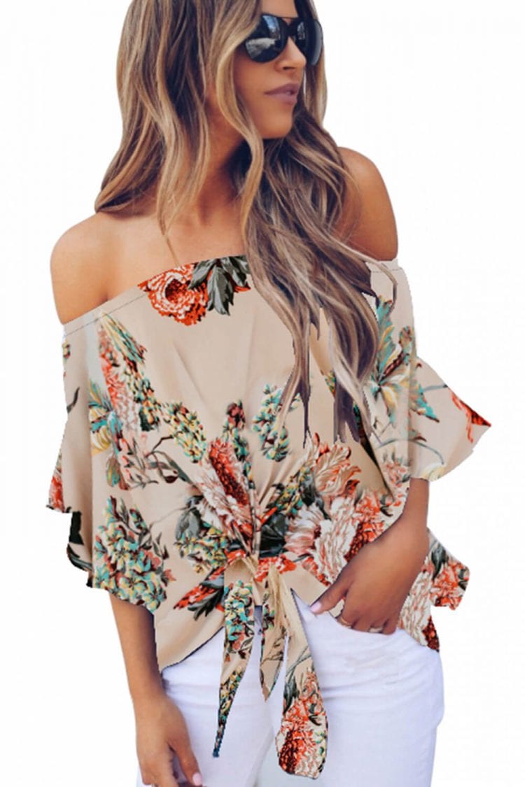 Letty Women's Off Shoulder Floral Print Tie 3/4 Sleeves Chiffon Blouse White