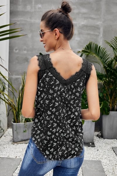 Rafaella Women's V-Neck Sleeveless Straps Floral Print Lace Cami Tank Tops Black