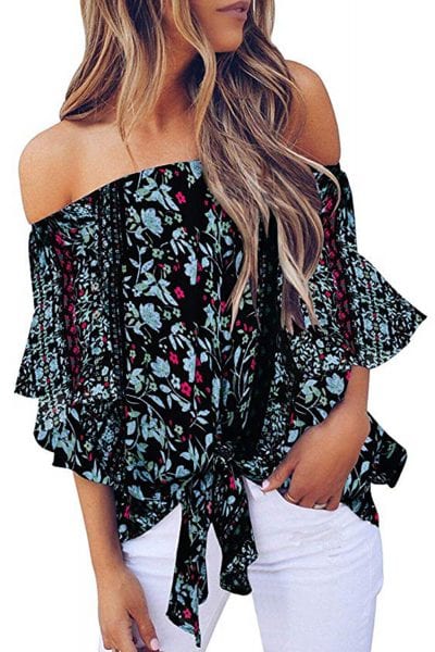 Letty Women's Off Shoulder Floral Print Tie 3/4 Sleeves Chiffon Blouse White