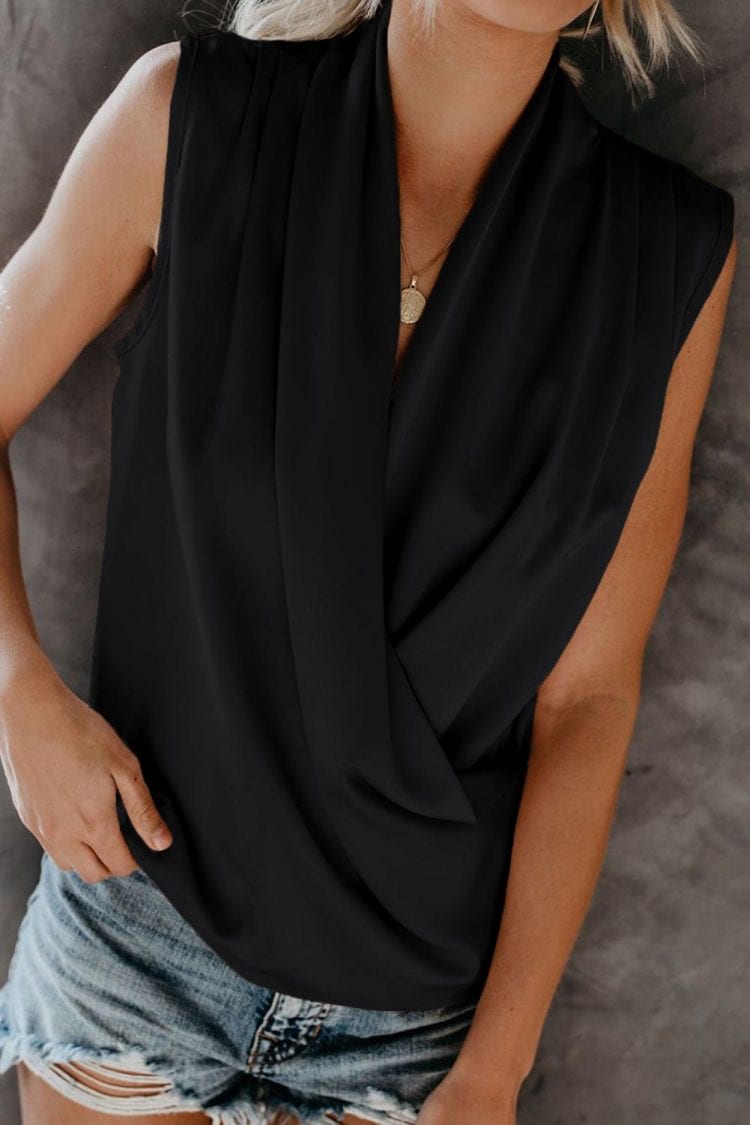 Sadie Women's V-Neck  Summer Sleeveless Loose Wrap Drape Tank Tops Black