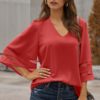 Zahara Sexy V Neck Flare Sleeve Loose Blouse Red