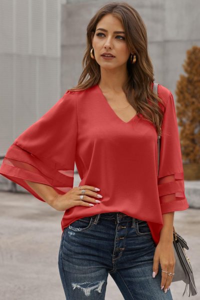 Zahara Sexy V Neck Flare Sleeve Loose Blouse Red