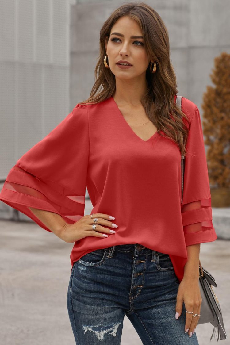 Zahara Sexy V Neck Flare Sleeve Loose Blouse Red