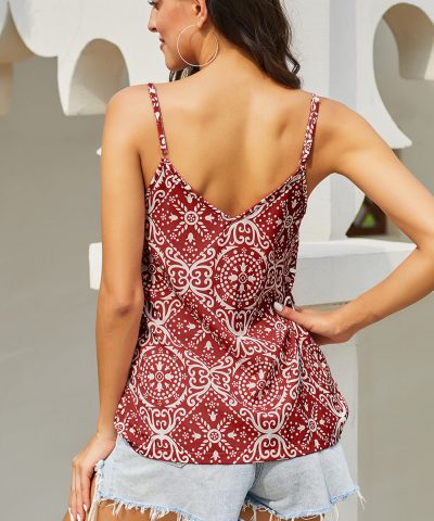 Tania Womens V Neck Spaghetti Strap Sleeveless Boho Print Tank Tops Red