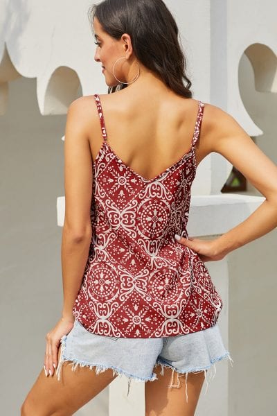 Tania Womens V Neck Spaghetti Strap Sleeveless Boho Print Tank Tops Red