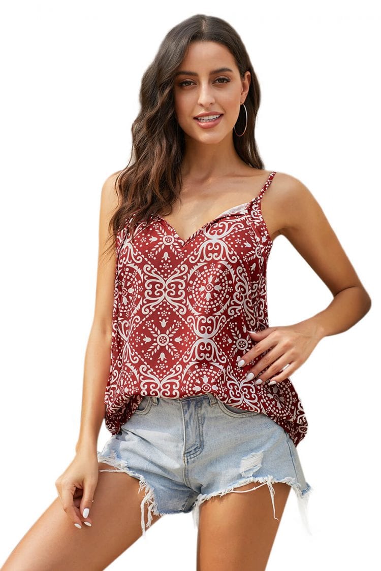 Tania Womens V Neck Spaghetti Strap Sleeveless Boho Print Tank Tops Red