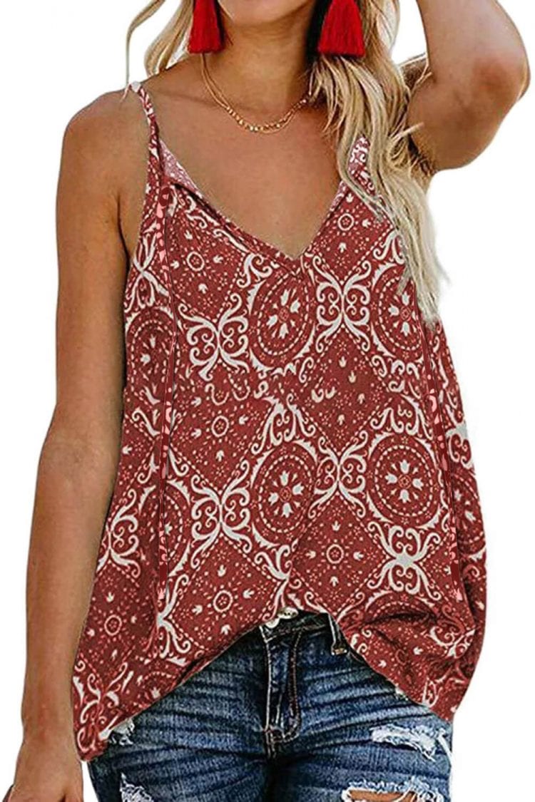 Tania Womens V Neck Spaghetti Strap Sleeveless Boho Print Tank Tops Red