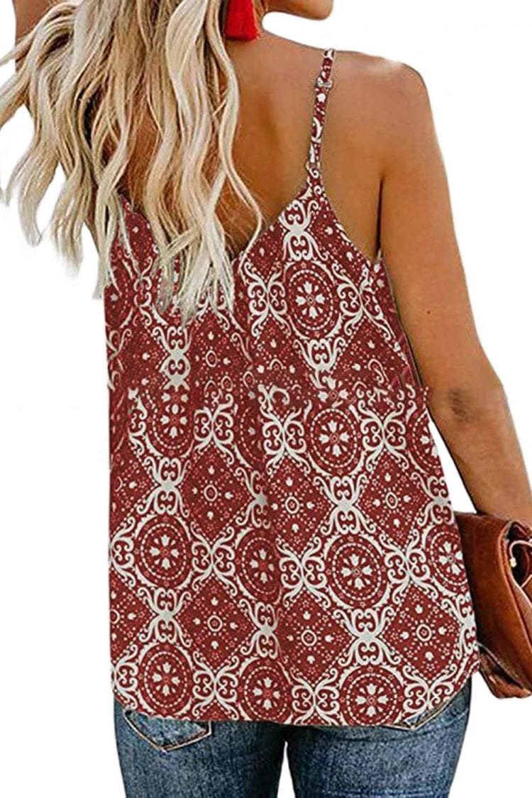 Tania Womens V Neck Spaghetti Strap Sleeveless Boho Print Tank Tops Red