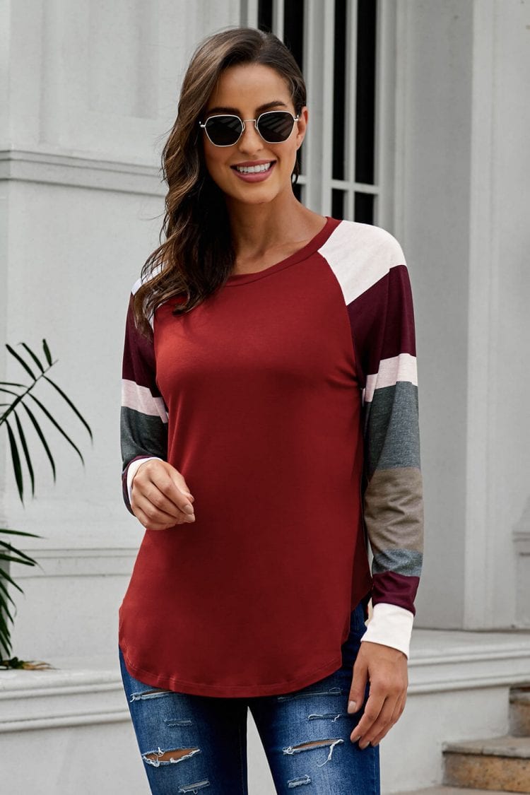 Breanna Round Neck Color Block Long Sleeves Pullover Top Black