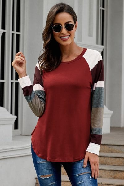 Breanna Round Neck Color Block Long Sleeves Pullover Top Black