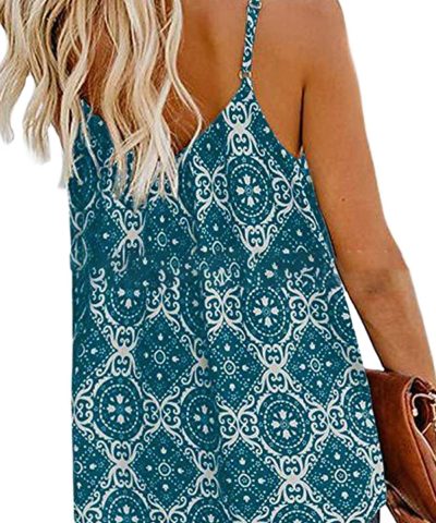 Vicky V-Neck Casual Floral Print Spaghetti Strap Sleeveless Boho Tank Tops Blue