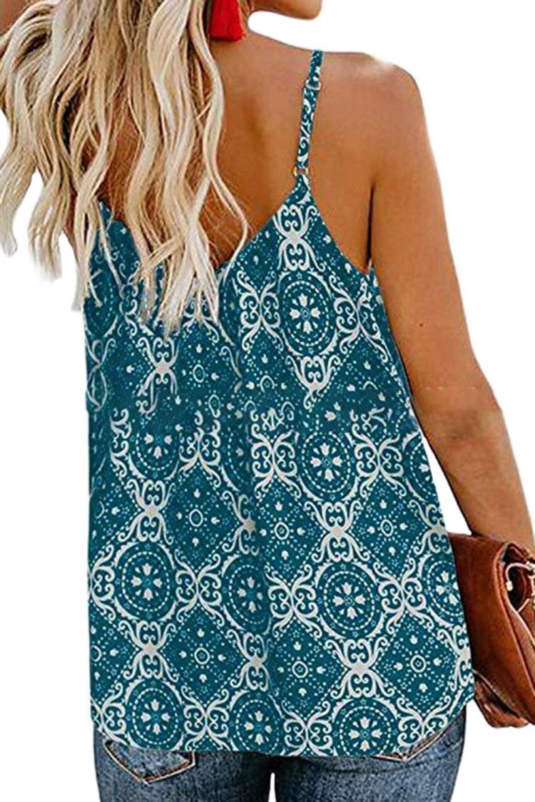 Vicky V-Neck Casual Floral Print Spaghetti Strap Sleeveless Boho Tank Tops Blue