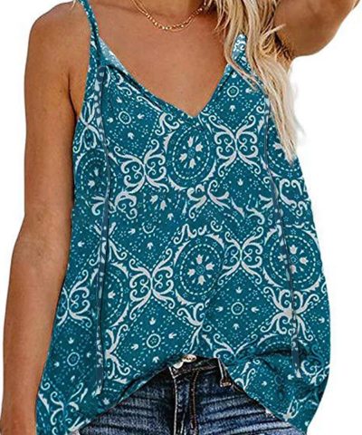 Vicky V-Neck Casual Floral Print Spaghetti Strap Sleeveless Boho Tank Tops Blue