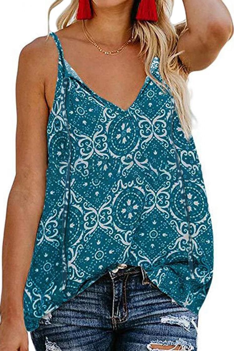 Vicky V-Neck Casual Floral Print Spaghetti Strap Sleeveless Boho Tank Tops Blue