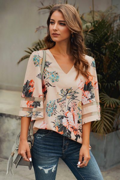 Jonquil Women's V-Neck 3/4 Flared Sleeve Floral Blouse Apricot