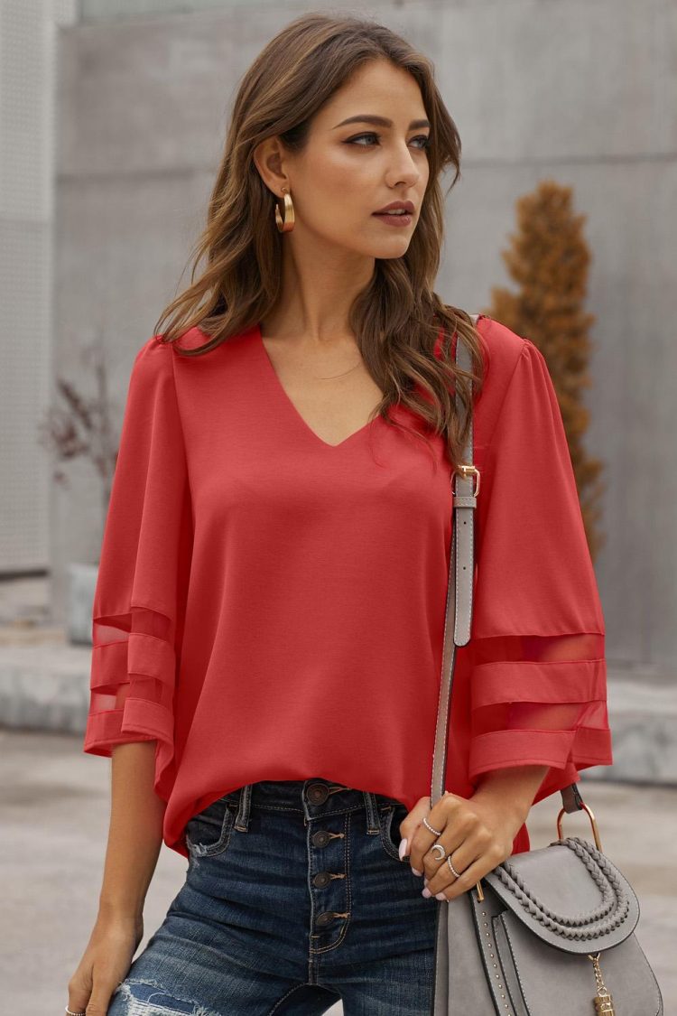 Zahara Sexy V Neck Flare Sleeve Loose Blouse Red