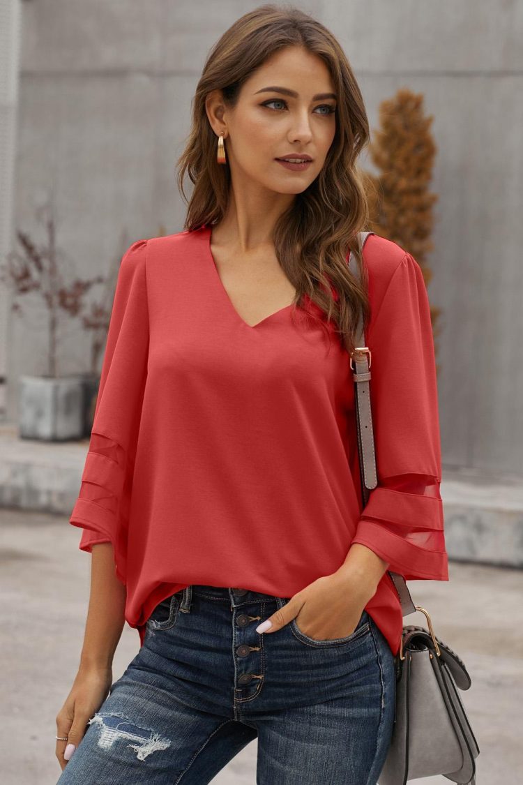 Zahara Sexy V Neck Flare Sleeve Loose Blouse Red