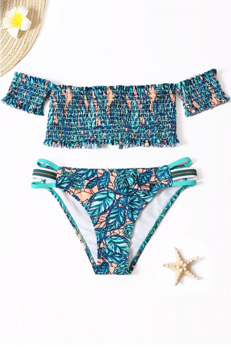 Aiden Sexy Printed Sleeve Smocked Two Piece Bikini