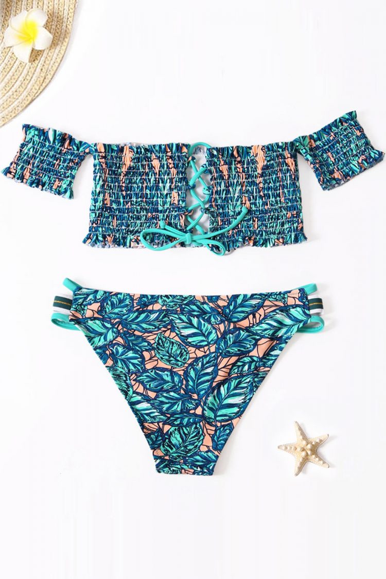 Aiden Sexy Printed Sleeve Smocked Two Piece Bikini