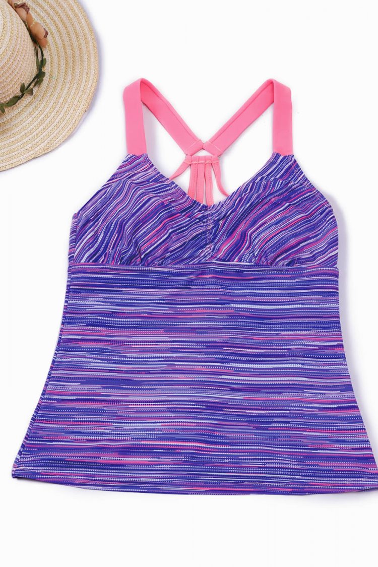 Annette Women's Printed Stripes Strappy Racerback Tankini Swim Top Purple