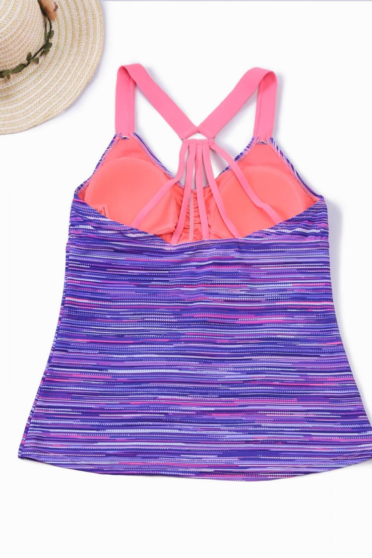 Annette Women's Printed Stripes Strappy Racerback Tankini Swim Top Purple