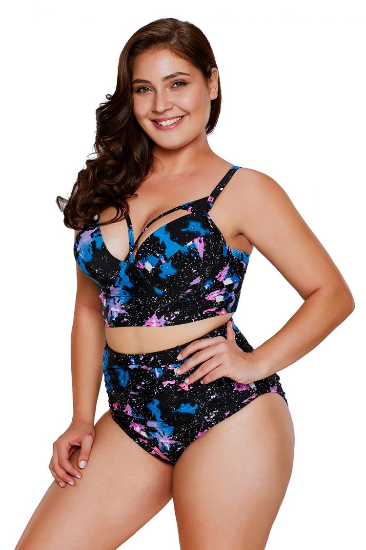 Hunter Women's Print Strappy Hollow Out Plus Size High Waisted Bikini Swimsuit Set