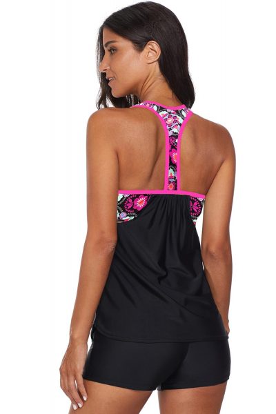 Tilda Floral Print Strappy Tankini Top with Swim Bottom Black