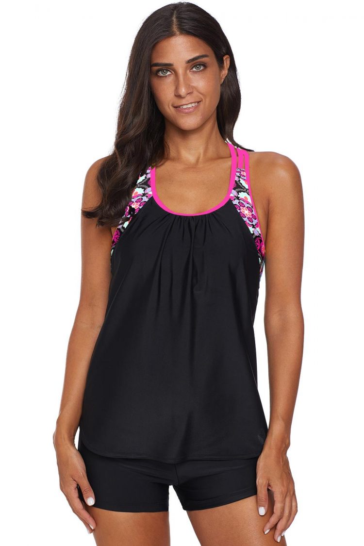 Tilda Floral Print Strappy Tankini Top with Swim Bottom Black