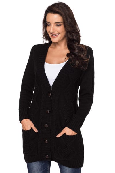 Annette Women's Open Front Pocket Button Down Cardigan Sweater Black