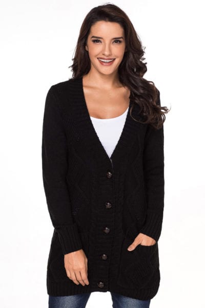 Annette Women's Open Front Pocket Button Down Cardigan Sweater Black