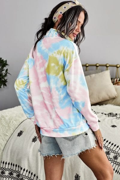 Eura Womens Cotton Tie Dye Mock Neck Zip Sweatshirt Sky Blue