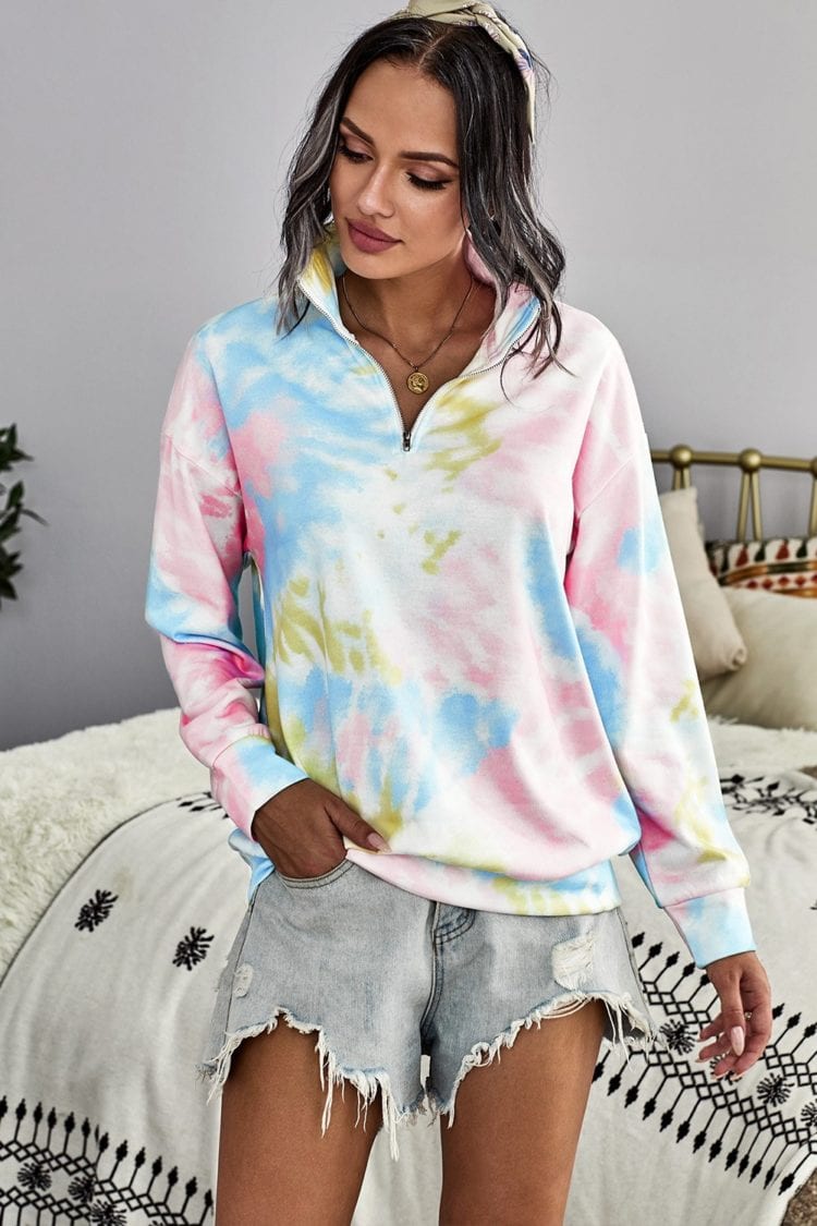 Eura Womens Cotton Tie Dye Mock Neck Zip Sweatshirt Sky Blue