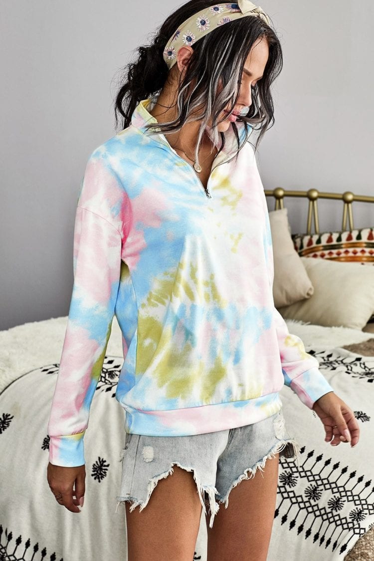 Eura Womens Cotton Tie Dye Mock Neck Zip Sweatshirt Sky Blue