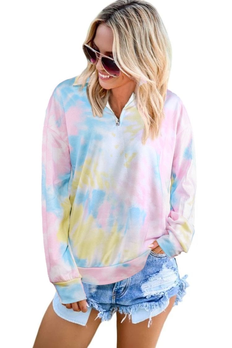 Eura Womens Cotton Tie Dye Mock Neck Zip Sweatshirt Sky Blue