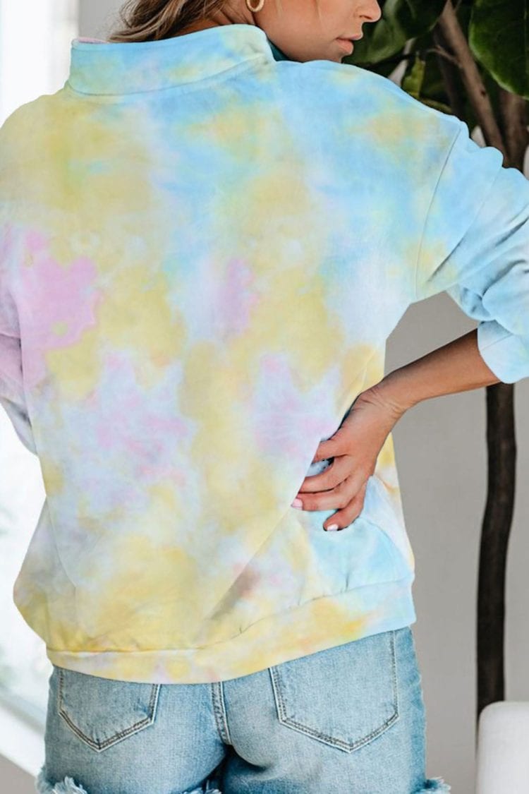 Eura Womens Cotton Tie Dye Mock Neck Zip Sweatshirt Sky Blue