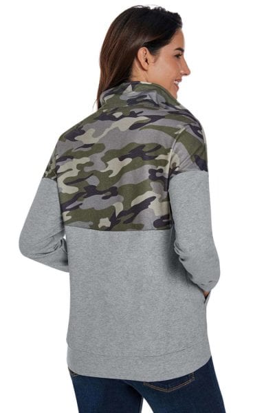 Alizeh Women's Camo Splice Black Kangaroo Pocket Zip Collar Sweatshirt