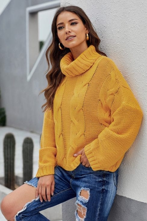 Cecily Cuddle Weather Cable Knit Handmade Turtleneck Sweater Yellow Amber Millet