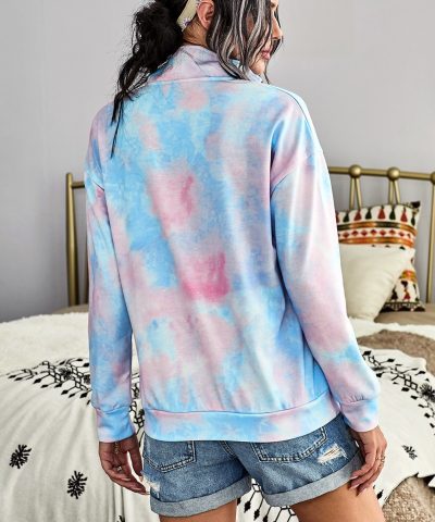 Eura Womens Cotton Tie Dye Mock Neck Zip Sweatshirt Sky Blue