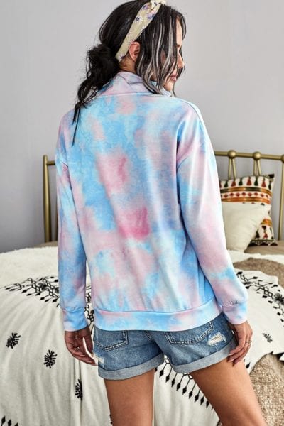 Eura Womens Cotton Tie Dye Mock Neck Zip Sweatshirt Sky Blue